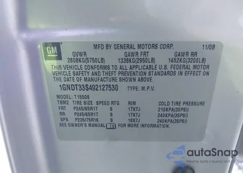 2009 Chevrolet Trailblazer Lt из США, поврежденный, VIN 1GNDT33S492127530